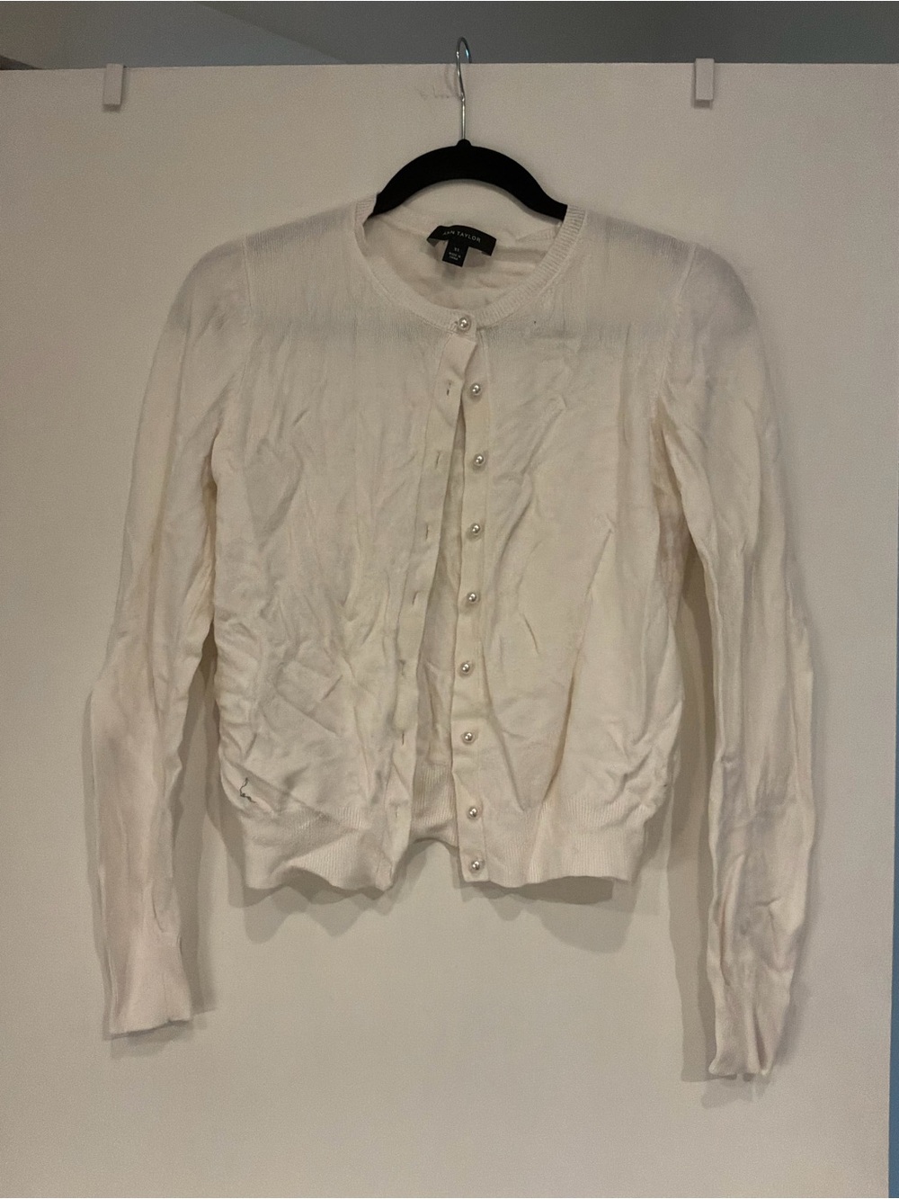 Ann Taylor Pearl-Button Crewneck Cardigan - Ivory